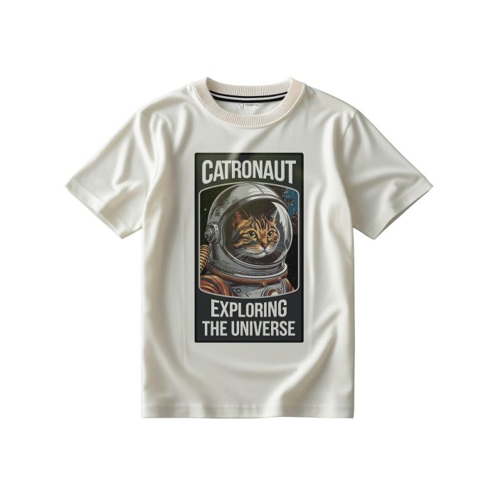 تیشرت سفید شیری با طرح گربه فضانورد