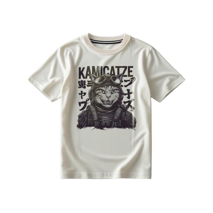 تیشرت سفید شیری با طرح گربه کامیکازه