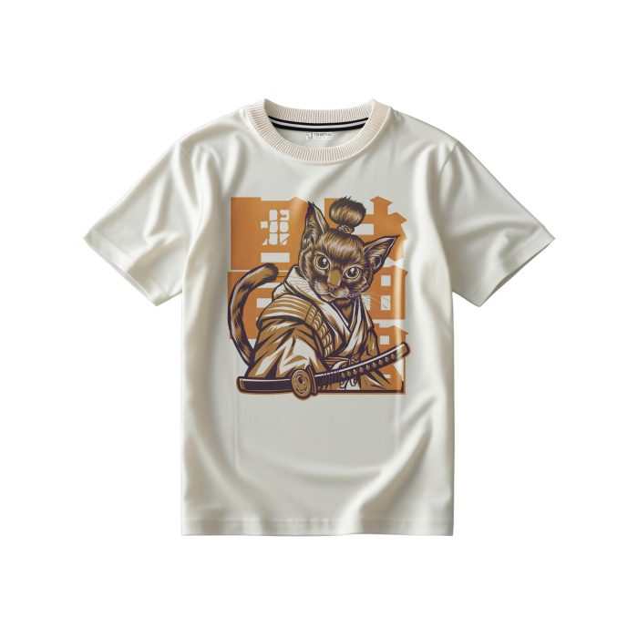 تیشرت سفید شیری با طرح گربه سامورایی