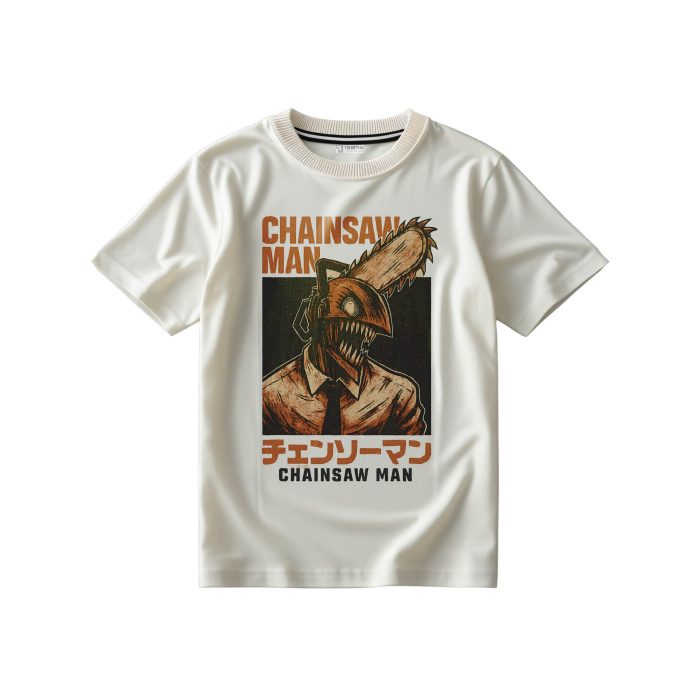 تیشرت سفید شیری با طرح انیمه چینسا من شخصیت دنجی